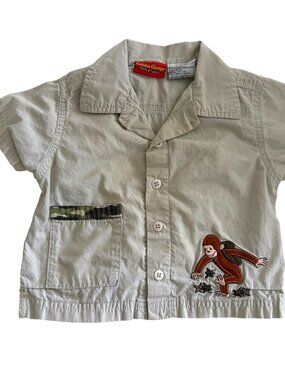 Vintage Y2K Curious George Button Down Shirt 12 Months Embroidered Patch Tan